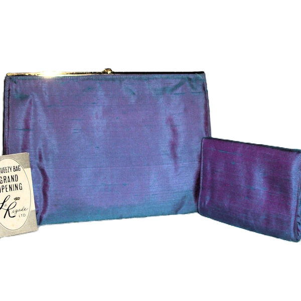 Vintage Lavender Blue Two Tone Shot Silk Taffeta Evening Bag Clutch with Matching Coin Purse by La Regale made in Hong Kong NOS Only 25 USD