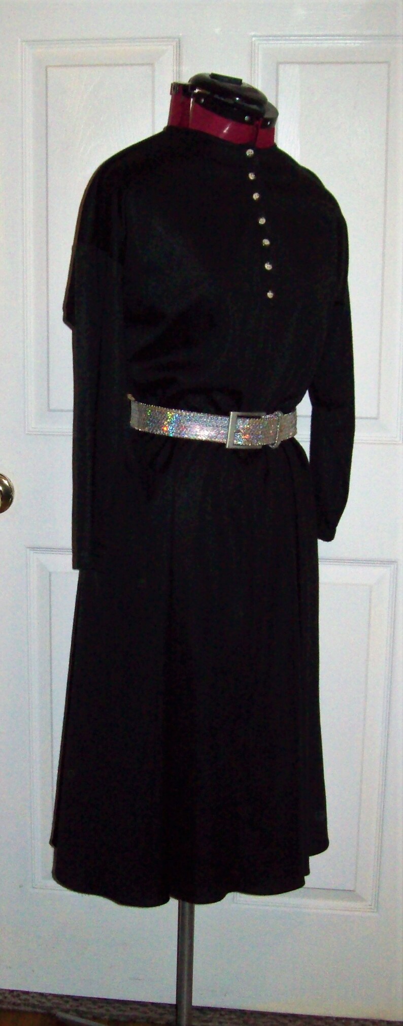 Vintage Black Flared Skirt Henley Dress w POCKETS /& Silver Sequin Belt by Rhodes Collections Inc Size 10 Modest Only 15 USD