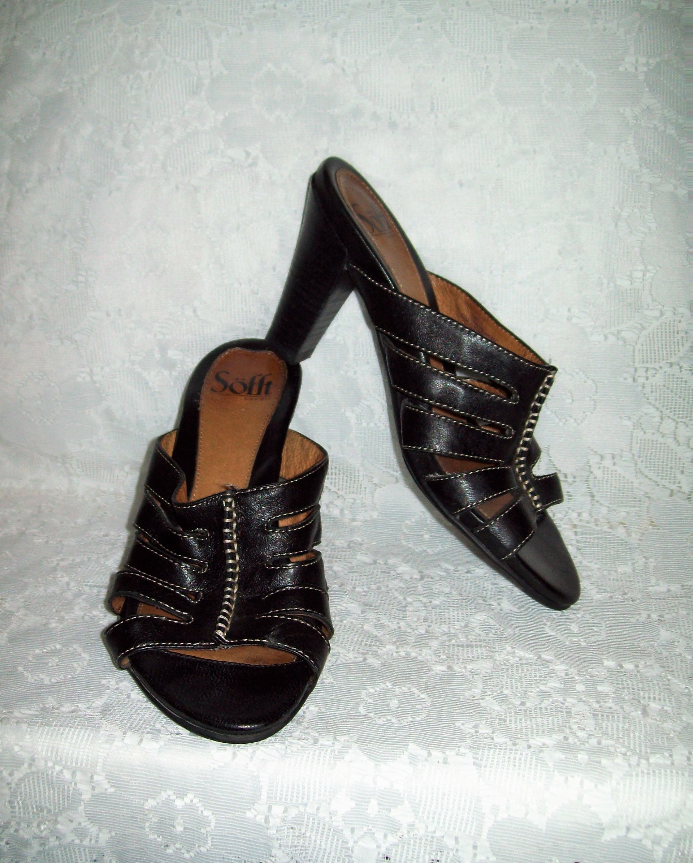 Vintage Ladies Black Leather Open Toe Slides High Heel Sandals | Etsy
