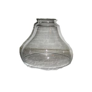 May include: A clear glass lampshade with a flared, rounded shape. The shade has a textured, frosted appearance and a slightly flared top. The glass is transparent, allowing light to pass through.