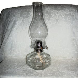 Vintage Oil Lamp Glass Octagon Base w/ Silver Tone Metal Burner & Clear Shade by Lamplight Farms Only 16 USD