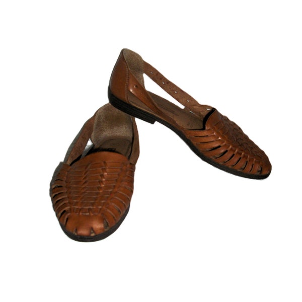 Vintage Brown Woven Leather Huarache Sandals by Basic Editions Leather Collection Women's Size 7 1/2 Only 12 USD