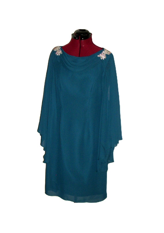 Vintage Blue Teal Dress Full Angel Wing Sleeves Pa