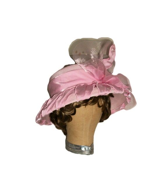 Vintage Pink Hat Curved Brim  with Satin, Chiffon… - image 4