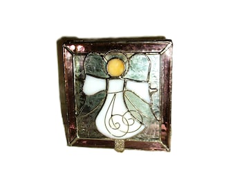 Vintage Guardian Angel Purple Stained Glass Silver Framed Trinket/Jewelry Box with Mirrored Bottom ONLY 12 USD