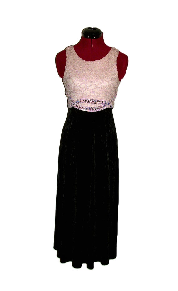 Vintage Off White Lace & Black Velvet Dress Scoop… - image 1