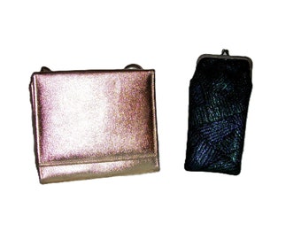 Vintage Ladies Gold Vinyl Evening Bag Small Handbag Purse & Black and Blue Metallic Eyeglass Case Both for 5 USD