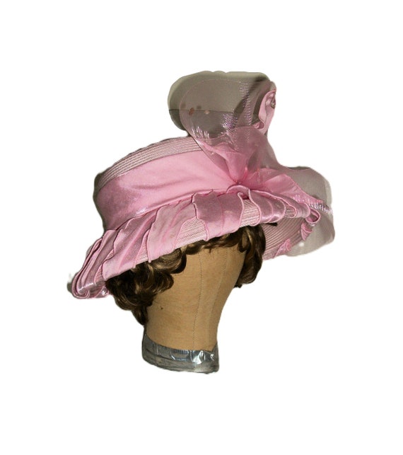 Vintage Pink Hat Curved Brim  with Satin, Chiffon… - image 1