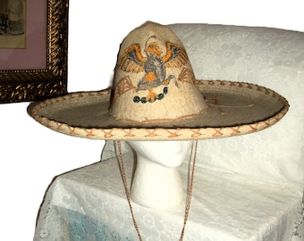 Vintage Sombrero Mexican Eagle & Snake Mariachi Cowboy Hat Extra Wide Brim HEAVY Only 25 USD