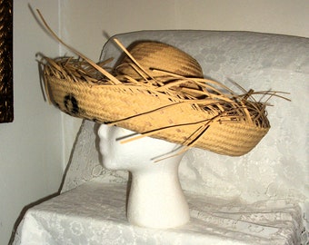 Vintage Woven Straw Hat Jibaro Pava Natural Curved Brim Puerto Rico Only 8 USD