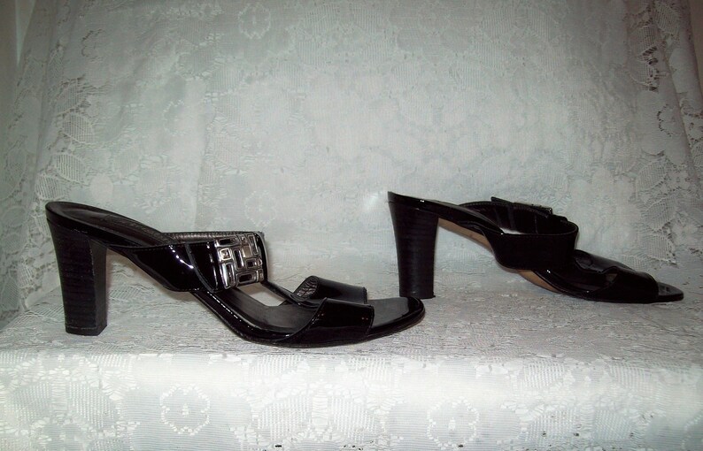 Vintage Ladies Black Patent Leather Open Toe Slides High Heel Sandals w Silver Trim by Brighton Size 7 12 Only 15 USD