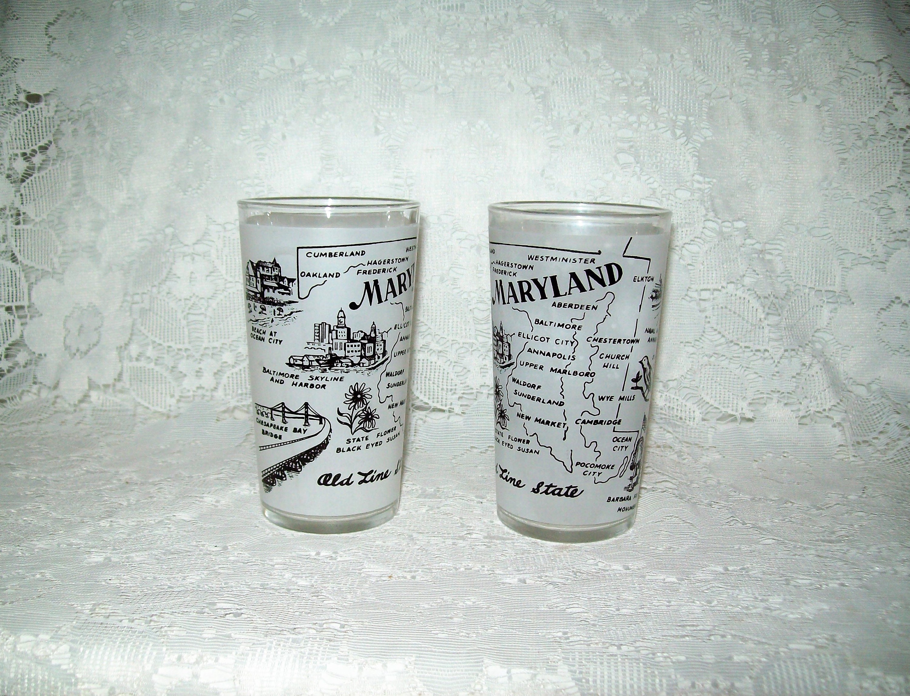 Vintage MCM Frosted Souvenir Glasses Maryland State Tumblers Etsy