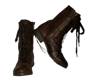 Vintage Brown Ankle Boots Side Zip Lace Up Granny Boots by Mossimo Size 9 NOS Deadstock Only 14 USD