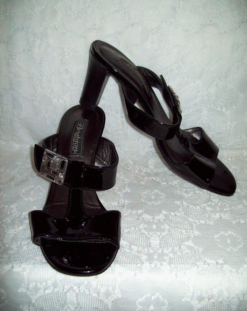 Vintage Ladies Black Patent Leather Open Toe Slides High Heel Sandals w Silver Trim by Brighton Size 7 12 Only 15 USD
