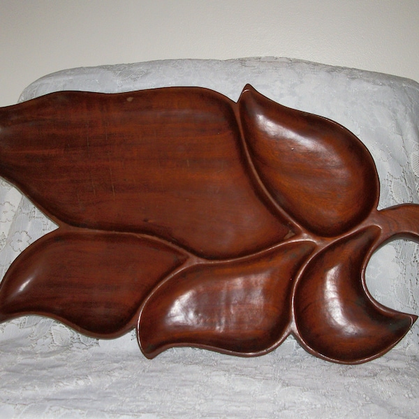 Vintage Genuine Mahogany Carved Wood 5 Section Compartments 24" Large Bowl Tray Hand Made Haiti Breslauer Pacific Mid Century Only 4.99 USD