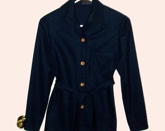 Vintage 1940s Navy Blue Wool 49er Blouse Ls Button Front Belted Tunic w Pocket Hand Tailored from PENDLETON Woolens Medium USA Only 49 USD