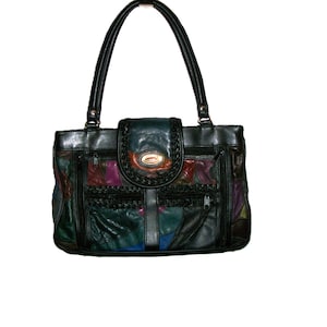 Sac à main en cuir patchwork noir vintage des années 1970 et sac à main multicolore Américain Italie seulement 14 USD