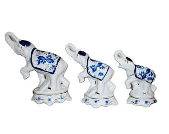 Vintage Dancing Elephants Blue & White Porcelain Ceramic Figurines Set of 3 ALL for 20 USD