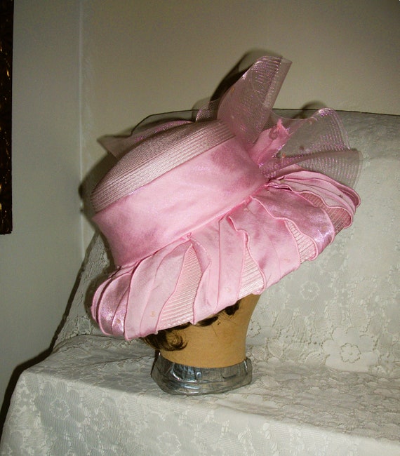 Vintage Pink Hat Curved Brim  with Satin, Chiffon… - image 9