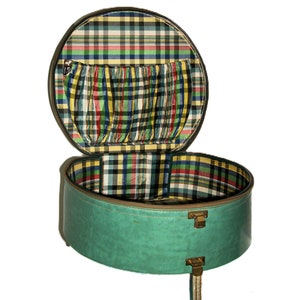 Vintage 1950s Green Marbled Munro Carry All Hat or Train Case Luggage Plaid Lining Broken Strap Only 45 USD
