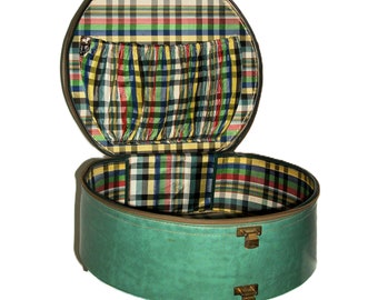 Vintage 1950s Green Marbled Munro Carry All Hat or Train Case Luggage Plaid Lining Broken Strap Only 45 USD