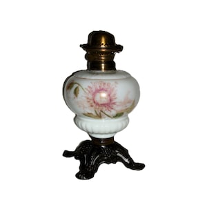 Antique Oil Lamp Victorian Era Painted Milk Glass Ornate Metal Pedestal Base w/ Brass Burner Miller & Co Only 21 USD