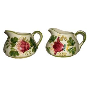 SAlE 60% OFF Vintage Floral Pottery Creamer Pitchers Pair w Pink & Green Flowers Hand Painted in Portugal 1 Quart get Both ONLY 8 USD