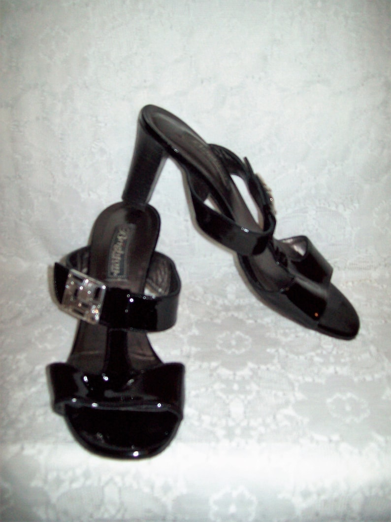 Vintage Ladies Black Patent Leather Open Toe Slides High Heel Sandals w Silver Trim by Brighton Size 7 12 Only 15 USD