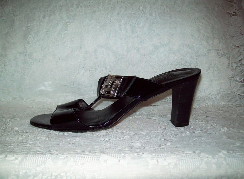 Vintage Ladies Black Patent Leather Open Toe Slides High Heel Sandals w Silver Trim by Brighton Size 7 12 Only 15 USD