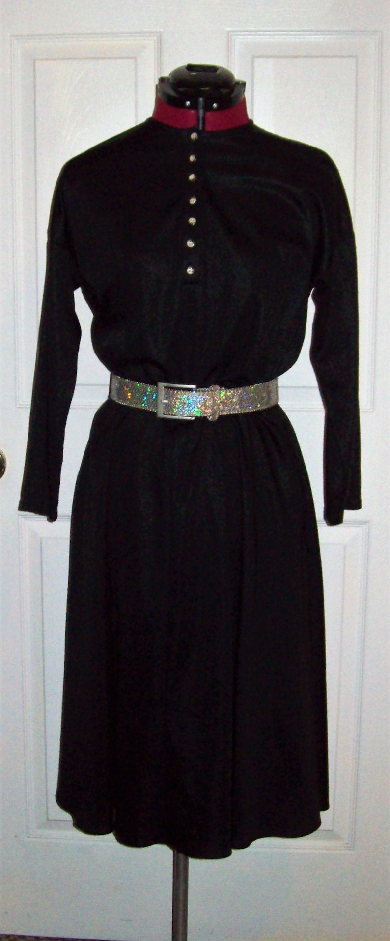 Vintage Black Flared Skirt Henley Dress w POCKETS /& Silver Sequin Belt by Rhodes Collections Inc Size 10 Modest Only 15 USD