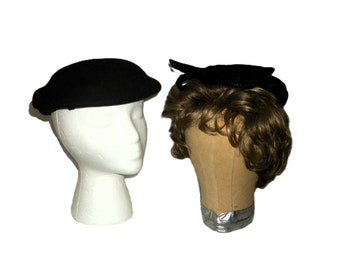 Vintage Black Wool Beret by Ann Taylor & Black Velvet Pillbox Hat w/ Glass Bead Accents by Miss Irene get BOTH for Only 7 USD