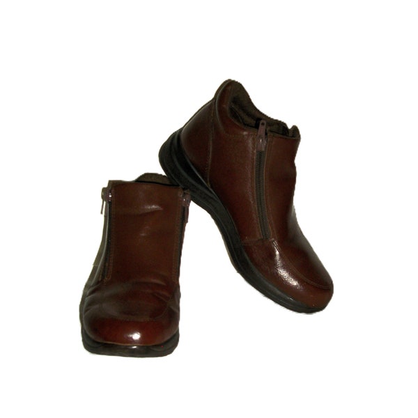 Vintage Brown Leather Ankle Boots by Dr Scholl's Double Zip Up Women's Size 5 1/2 Only 7.99 USD