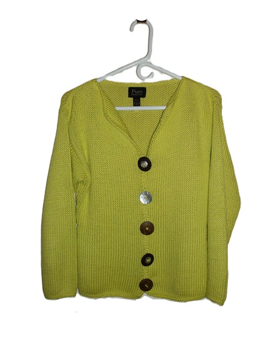 Vintage Cardigan V Neck Hand Knit Lime Green Yello