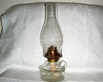 Antique Edwardian Era Glass Finger Loop Oil Lamp Flat Base w/ Queen Anne No 2 Scovill Burner for 40 USD