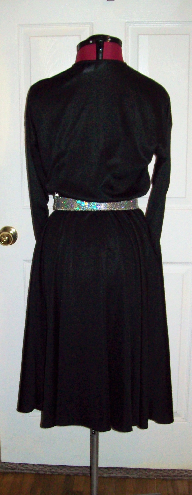 Vintage Black Flared Skirt Henley Dress w POCKETS /& Silver Sequin Belt by Rhodes Collections Inc Size 10 Modest Only 15 USD