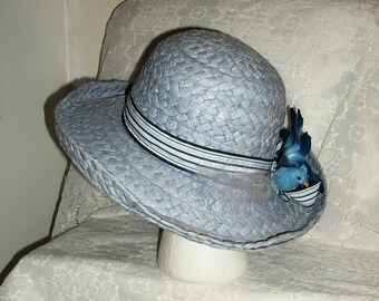 24 CENT SAlE Vintage Hat Blue Wide Brim Floppy Woven Bowler Floral Trim Boater by Faded Glory Now 24 CENTS