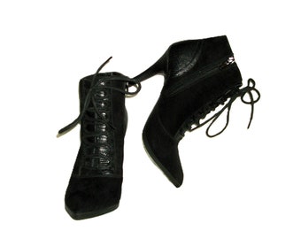 Vintage 90s Black High Heel Faux Suede Fabric Lace Up Stiletto Ankle Boots Side Zip by Mossimo Women's Size 6 Goth Gothic Witch Only 15 USD