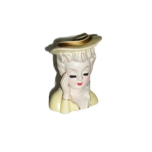 Vintage Lady Head Vase Planter Yellow Hat with Pearls Hand Painted Tilso Japan MCM Mid Century Modern Kitsch Only 38 USD