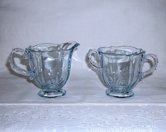 Vintage Fostoria Baroque Azure Individual Glass Footed Creamer & Double Handled Open Sugar 3" Tall Circa 1936 -1944 Set Only 5.99 USD
