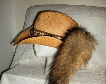 Vintage Straw Cowboy Hat w/ Bead & Faux Turquoise Hatband and Fur Tail by Redhead Medium Only 20 USD