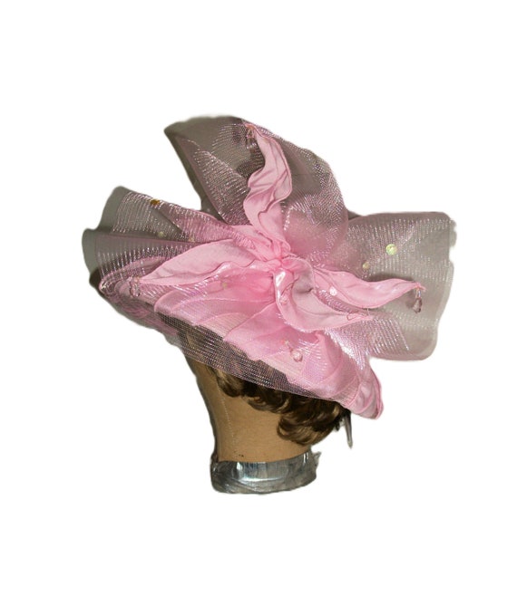 Vintage Pink Hat Curved Brim  with Satin, Chiffon… - image 5