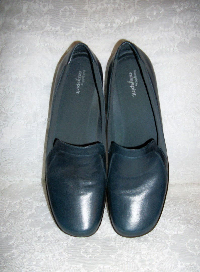 Vintage Ladies Navy Blue Leather Slip on Loafers by Easy Etsy