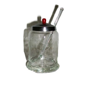 Vintage Etched Glass Salt Cellar Condiment Dip Bowl with Aluminum Lid and Original Glass Spoon Just 18 USD