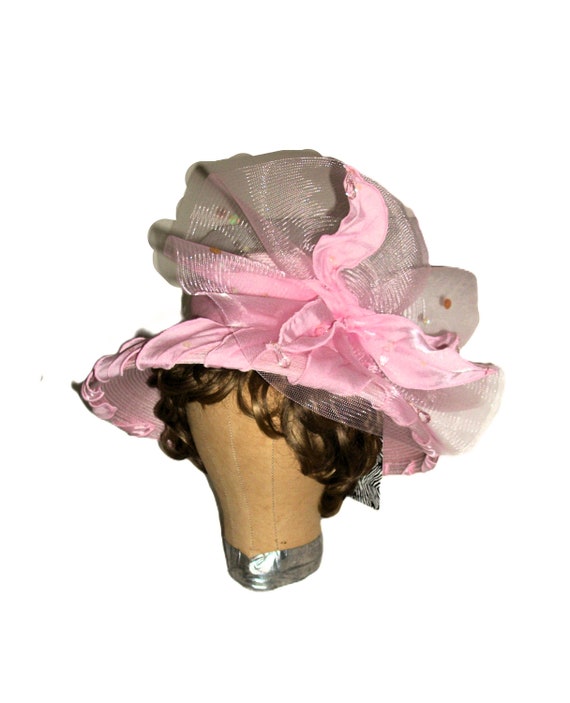 Vintage Pink Hat Curved Brim  with Satin, Chiffon… - image 2