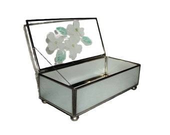 Vintage Silver Framed Trinket/Jewelry Box with Floral Etched Glass Top and Mirrored Bottom ONLY 10 USD