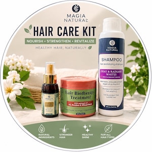 Puede incluir: Un kit para el cuidado del cabello con champú, aceite capilar y tratamiento de bioterapia capilar. Los productos "Magia Natural" incluyen textos como "Nutrir, Fortalecer, Revitalizar" y "Cabello sano, naturalmente". El champú es para canas y cabellos radiantes.