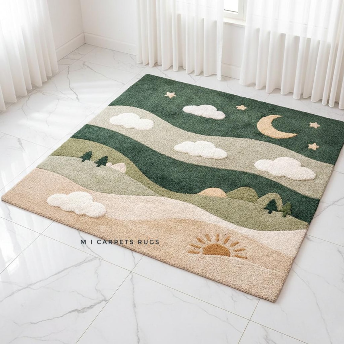 Hand-tufted Forest Landscape Kids Rug - Green & Beige Playroom Area Rug ...