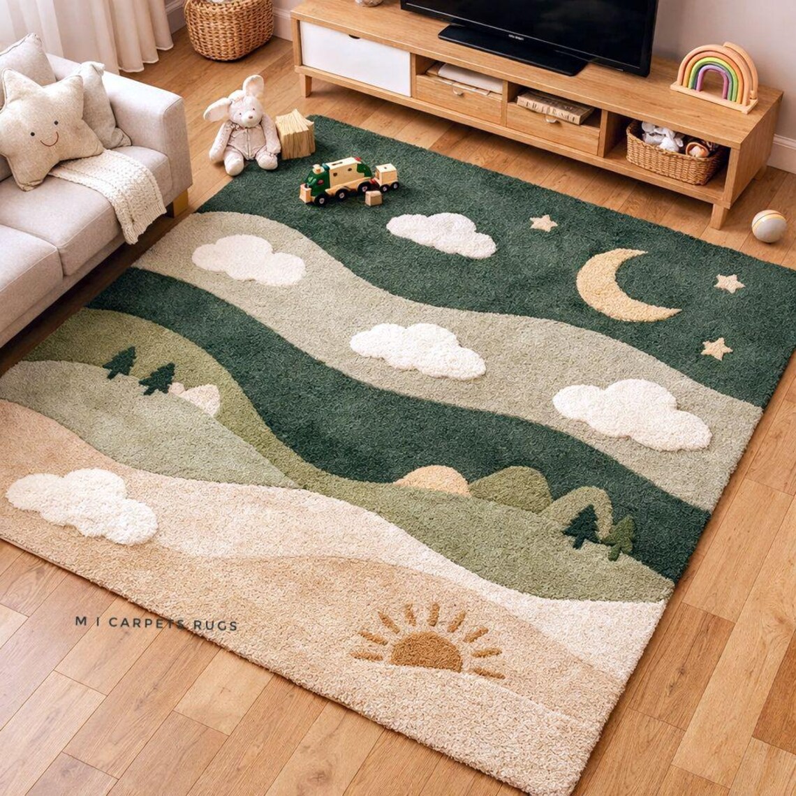 Hand-tufted Forest Landscape Kids Rug - Green & Beige Playroom Area Rug ...