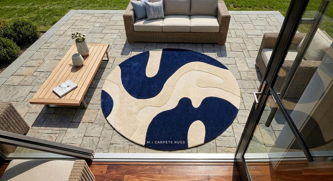 Hand-tufted Navy Blue Cream Abstract Round Rug – Modern Wavy Carpet - Etsy