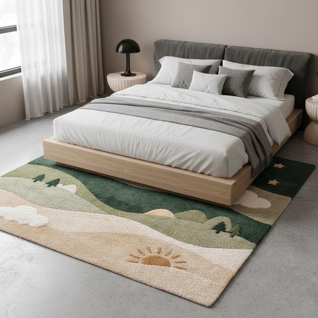 Hand-tufted Forest Landscape Kids Rug - Green & Beige Playroom Area Rug ...